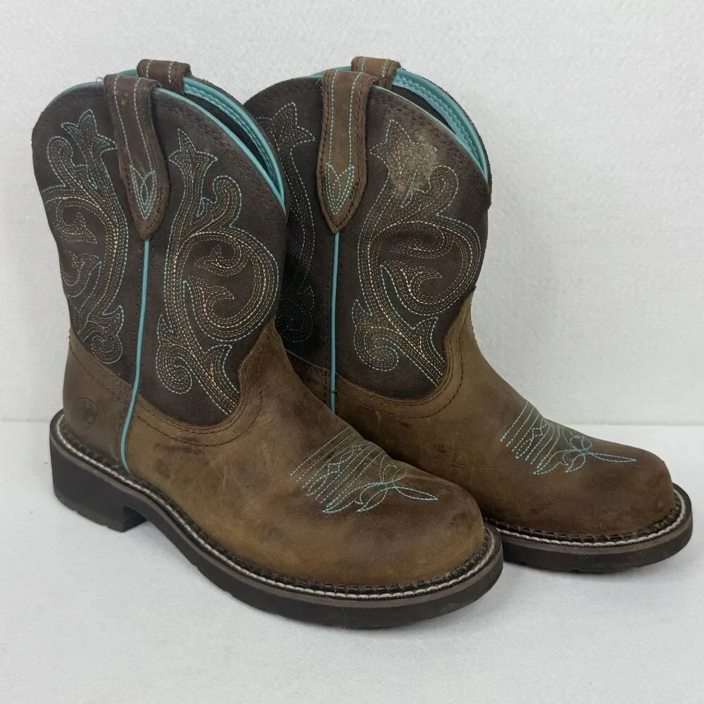 Ariat Women's Fatbaby Western Boots Short Brown Teal Embroidery Size 6.5